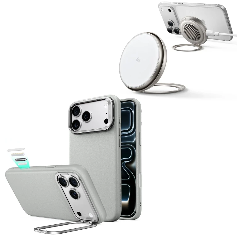 iPhone 18 Pro Atelier Silicone Leather Magnetic Case with Camera Control and Flex Stand, Plus Cyclone 25W Magnetic Charging Pad Bundle - Gray - Gray