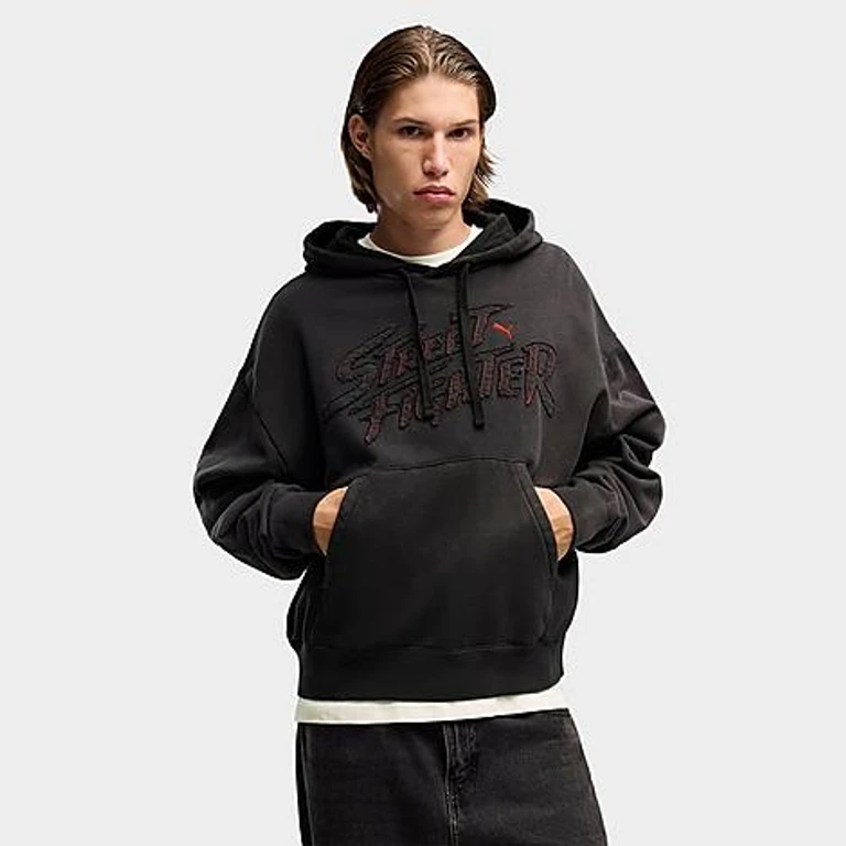 Men's Puma x Street Fighter Distressed Fleece Pullover Hoodie in Puma Black Size: Small