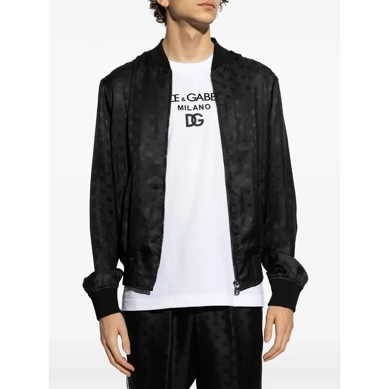Giacca Bomber Nero in Satin con Logo Tonale