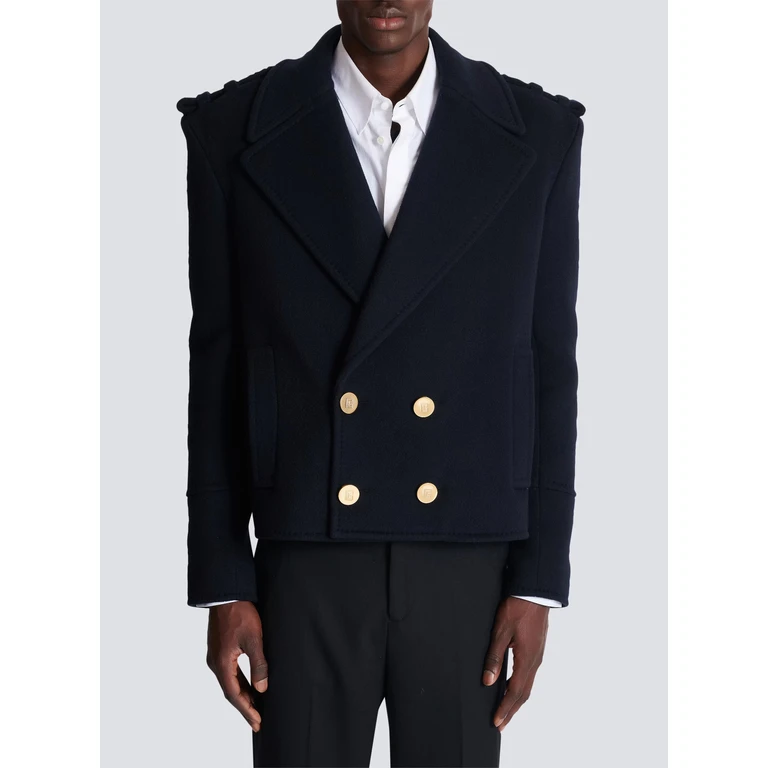 Giacca Cappotto Blu in Lino con Dettagli Dorati