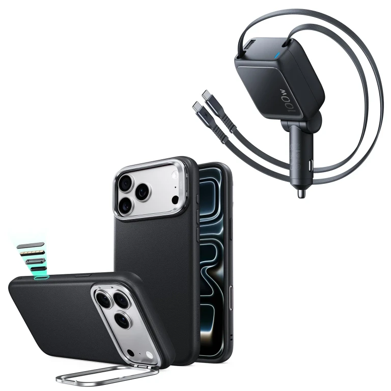 iPhone 18 Pro Max Atelier Silicone Leather Magnetic Case with Camera Control and Flex Stand, Plus Xtend 100W Retractable Car Charger Bundle - Black