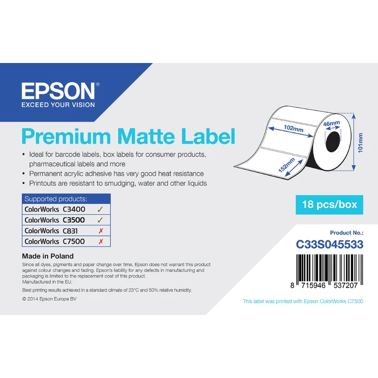 C33S045533 Continous label roll matt die-cut 102mm x 152mm 225 l