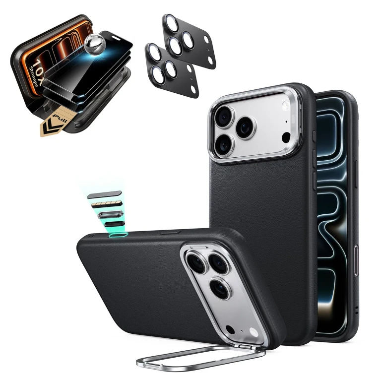 iPhone 18 Pro Max Bundle Atelier Silicone Leather Magnetic Case with Camera Control and Flex Stand, Plus Armorite®️ Pro Privacy Screen - Black