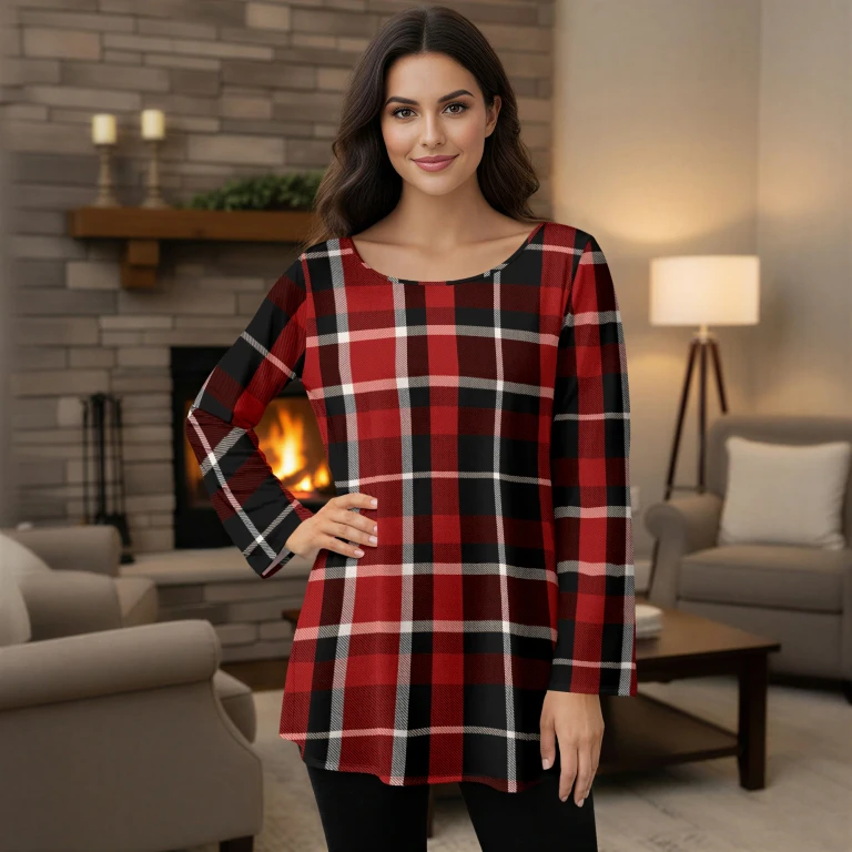 Red, White, and Black Plaid Long Sleeve Round Neck Tunic by Bon Apple Tea