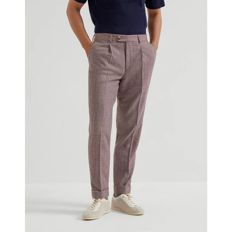 Men's Purple Wool Silk Blend Checked Trousers