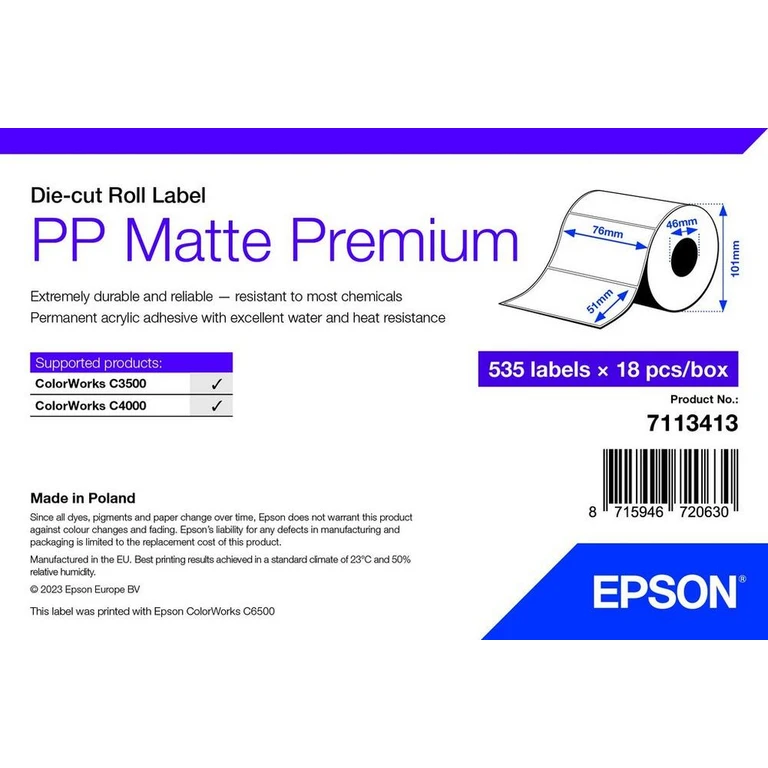 Epson PP Matte Label Premium, Die-cut Roll, 76mm x 51mm, 535 Labels