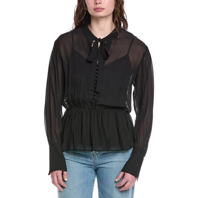 Covered Button Tie-Front Blouse