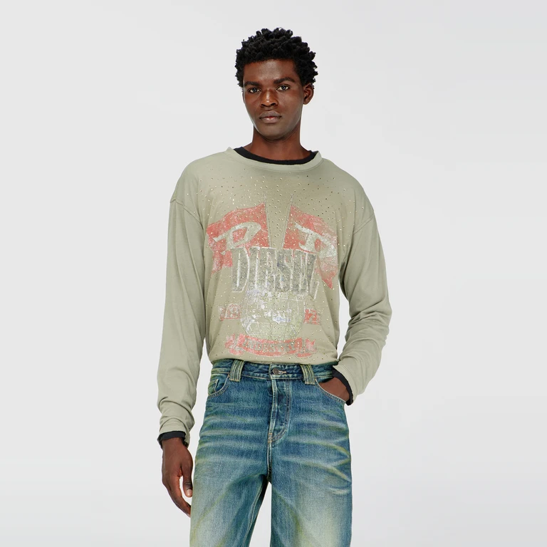 Long-sleeve T-shirt with concert graphics and crystals - T-Shirts - Man - Green
