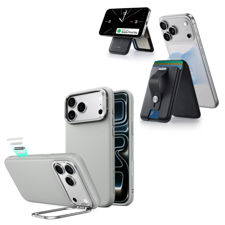 iPhone 18 Pro Atelier Silicone Leather Magnetic Case with Camera Control and Flex Stand, Plus Geo Wallet Stand Bundle - Gray - Gray