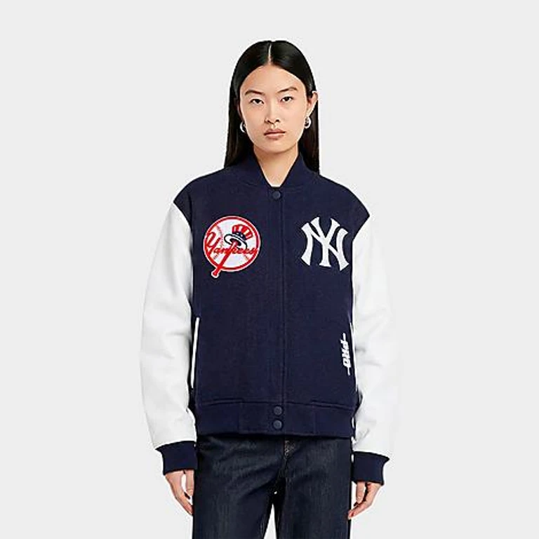 Pro Standard Women's New York Yankees MLB Game Day Classics Rib Wool Varsity Jacket in Midnight Navy/White Size: XS
