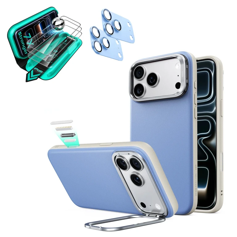 iPhone 18 Pro Bundle Atelier Silicone Leather Magnetic Case with Camera Control and Flex Stand, Plus Armorite®️ Screen Protector - Misty - Misty Blue