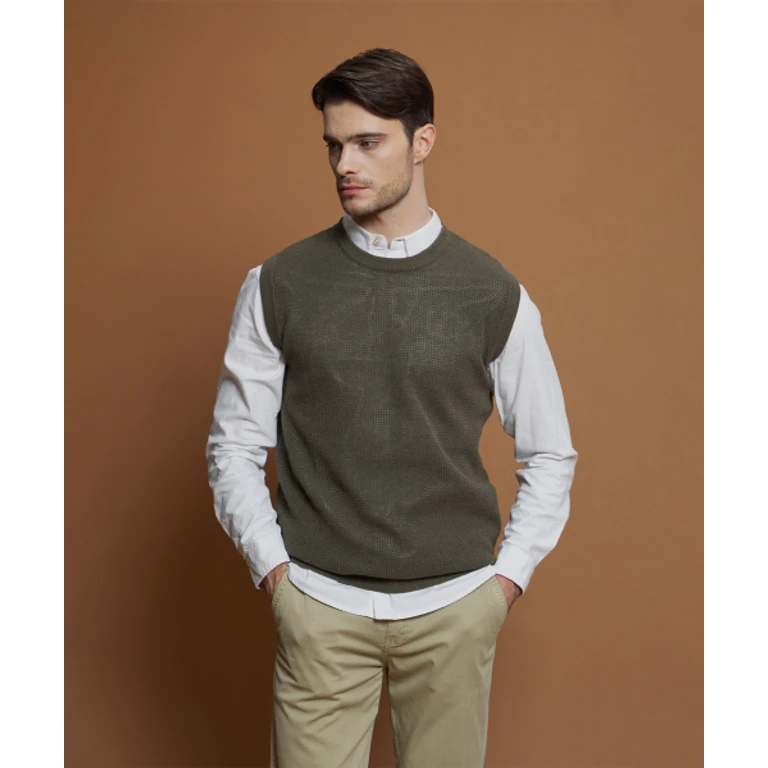 Khaki Cotton-Blend Waffle Knit Vest
