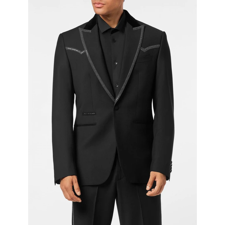Single-Breasted Wool Blazer with Embroidered Crystals and Peak Lapels (AAECMRF2104PTE022N02)