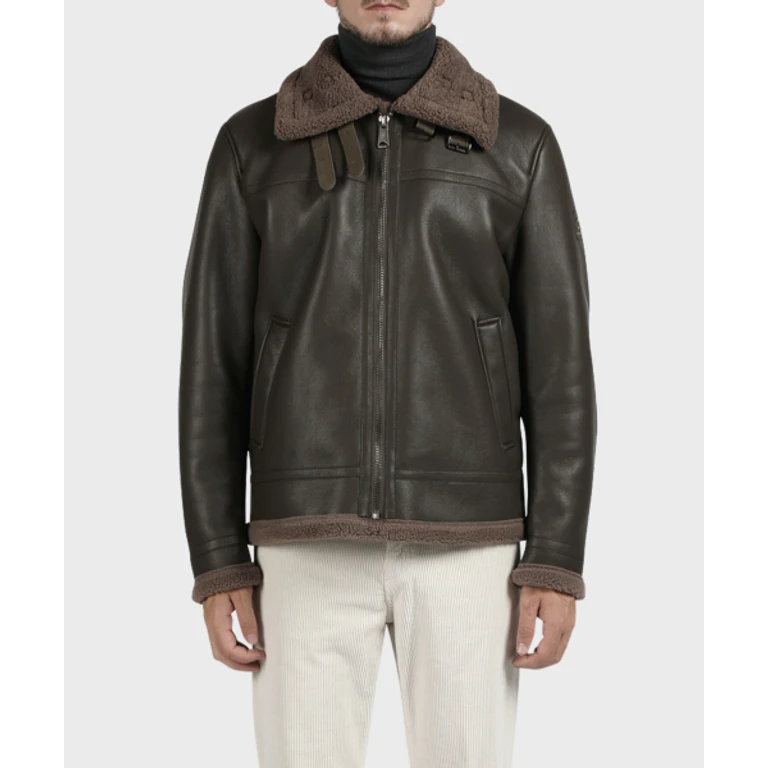 Brown PU Leather High-Neck Shearling Jacket