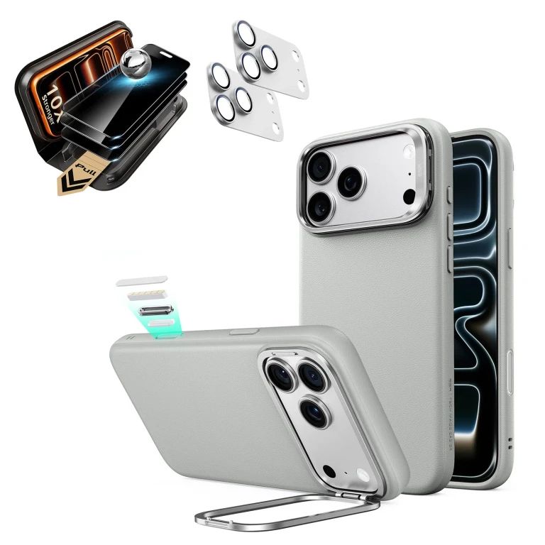 iPhone 18 Pro Max Bundle Atelier Silicone Leather Magnetic Case with Camera Control and Flex Stand, Plus Armorite®️ Pro Privacy Screen - Light Gray