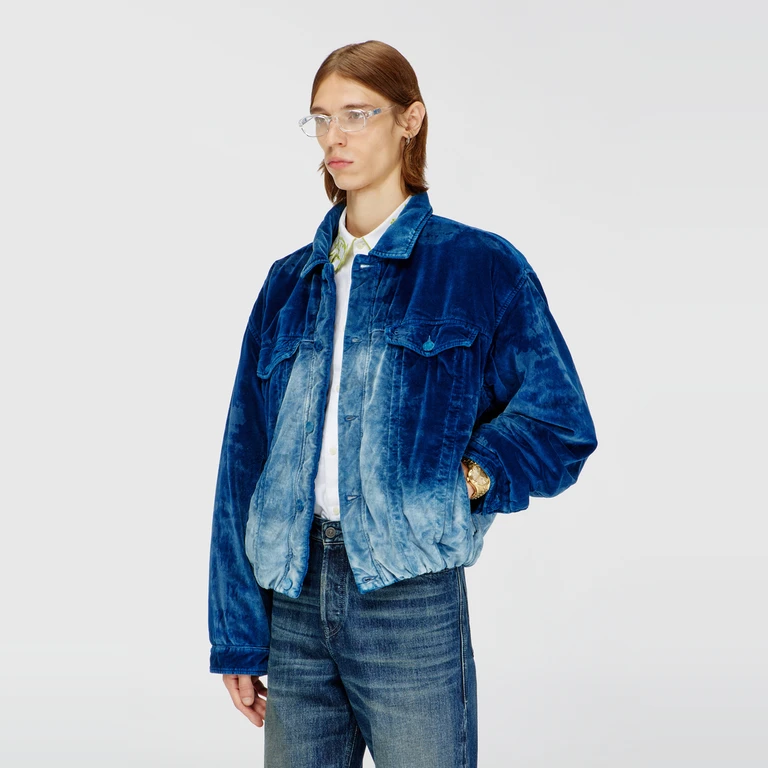 Elasticated trucker jacket in velvet denim - Denim Jackets - Man - Blue