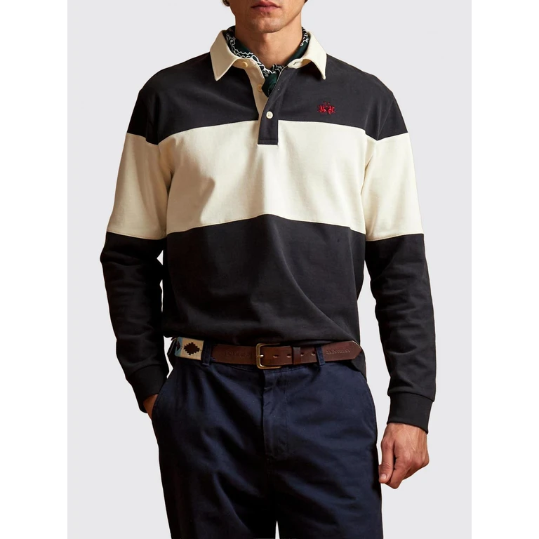 Long-Sleeved Cotton Polo Shirt with Bicolour Abstract Print (MDP019JS005S9044)