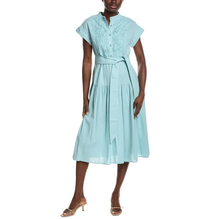 Embroidered Lace Bib Linen-Blend Midi Dress