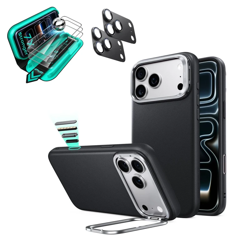 iPhone 18 Pro Max Bundle Atelier Silicone Leather Magnetic Case with Camera Control and Flex Stand, Plus Armorite®️ Screen Protector - Black - Black