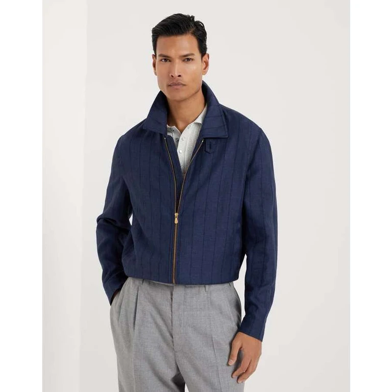 Men's Navy Wool Linen Silk Blend Zip Jacket