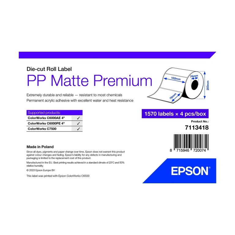 PP Matte Label Premium, Die-cut Roll, 102mm x 76mm, 1570 Labels
