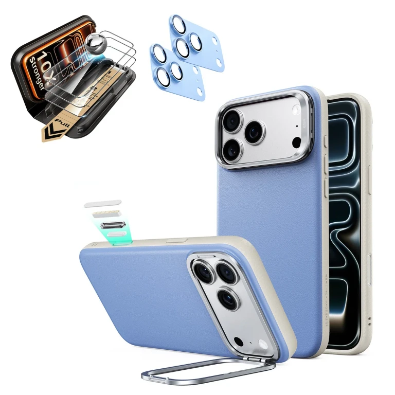 iPhone 18 Pro Bundle Atelier Silicone Leather Magnetic Case with Camera Control and Flex Stand, Plus Armorite®️ Pro Screen Protector - Misty Blue