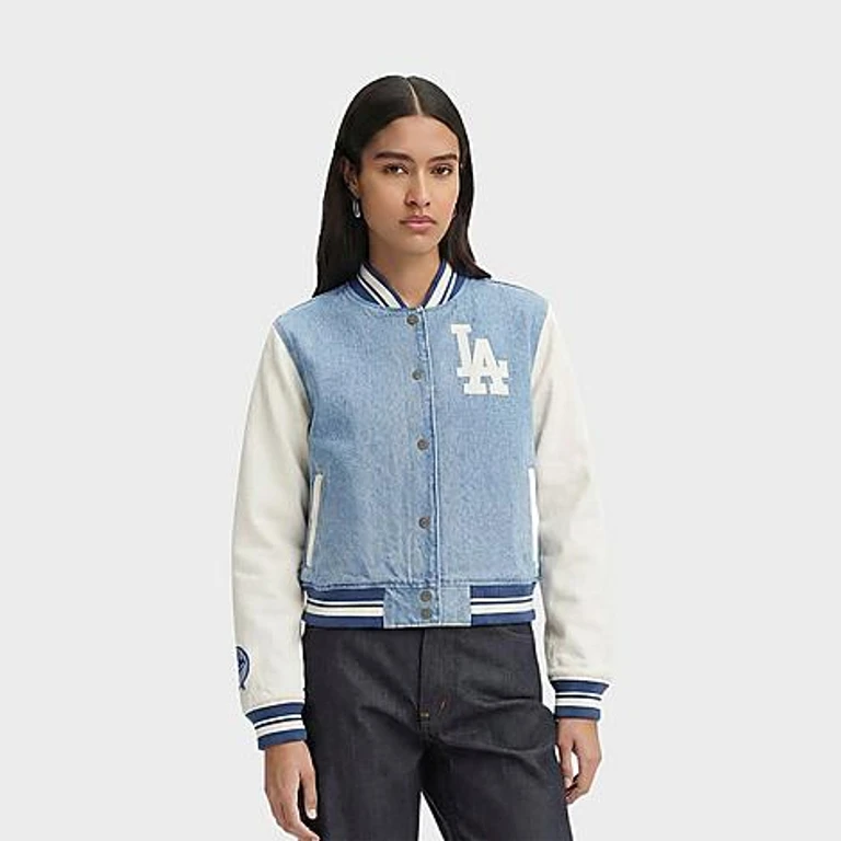 Pro Standard Women's Los Angeles Dodgers MLB Varsity Blues Denim Varsity Jacket in Denim/Linen Size: XS
