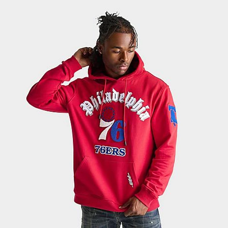Pro Standard Men's Philadelphia 76ers NBA Old English Fleece Pullover Hoodie in Red Size: Small