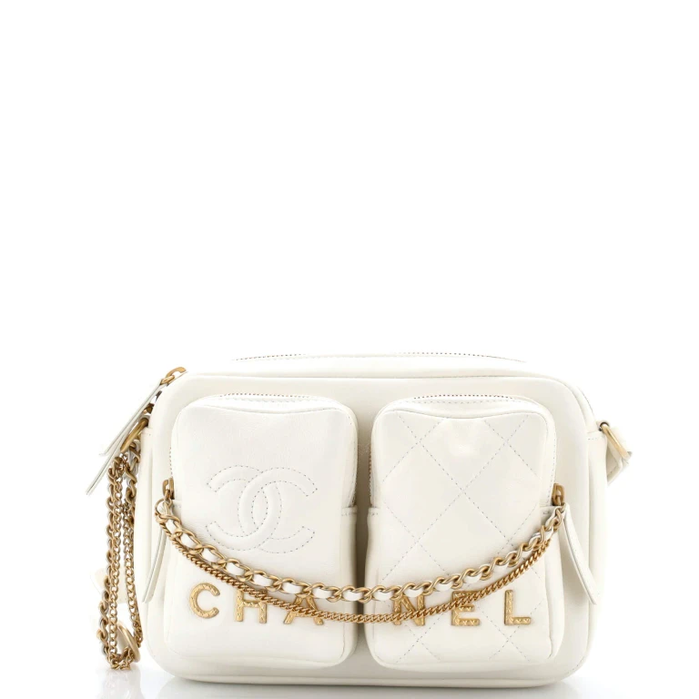 Logo Twin Pockets Chain Camera Case Quilted Calfskin Small