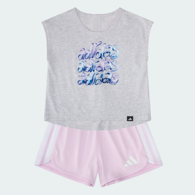 Baby 2-Piece Short Sleeve Back Pleated Heather Tee & Mesh Short Set