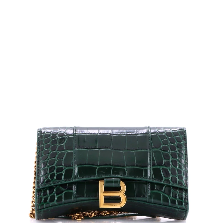 Hourglass Chain Wallet Crocodile Embossed Leather