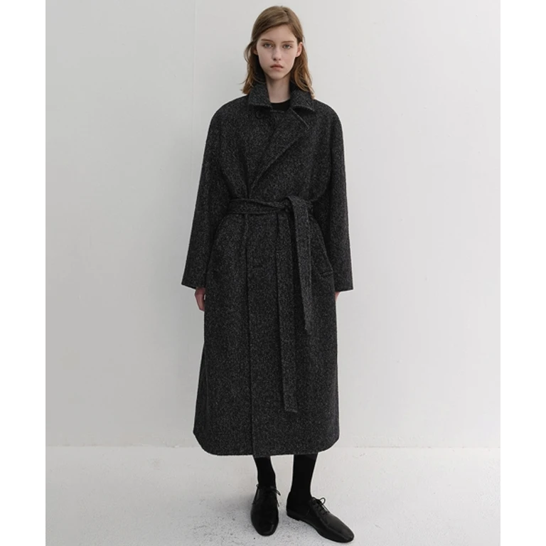 UNISEX RELAXED DOUBLE-BREASTED ROBE COAT CHARCOAL TWEED