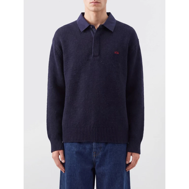 Long-Sleeved Wool Knit Polo with Ribbed Collar and Cuffs (H526Y14KOZ5110)