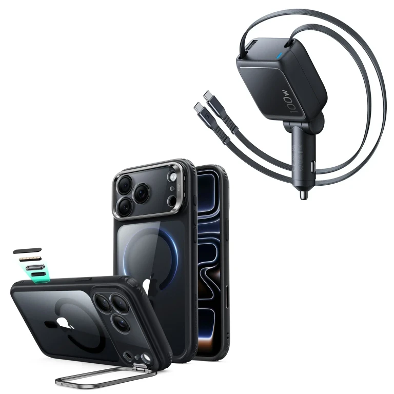 iPhone 18 Pro Max Classic Hybrid Magnetic Case with Camera Control and Flex Stand, Plus Xtend 100W Retractable Car Charger Bundle - Clear Black