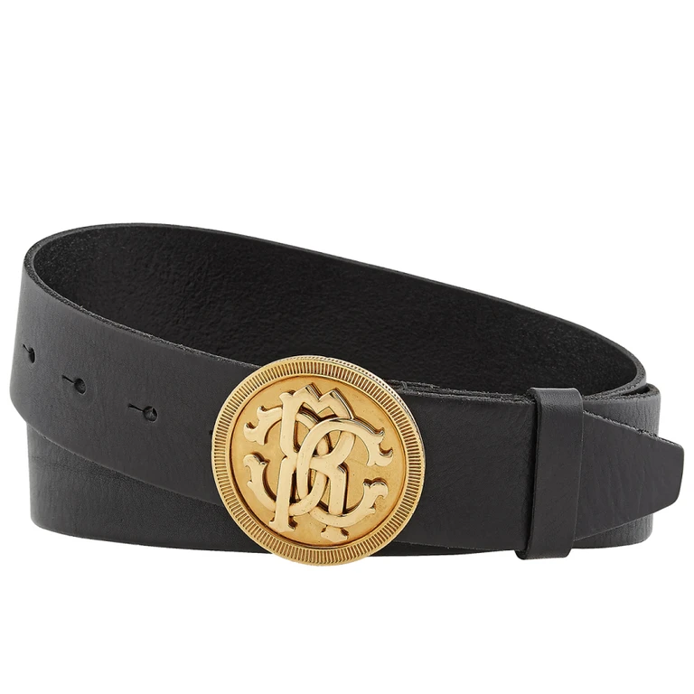 Mens Black Leather RC Logo Medallion Buckle Belt