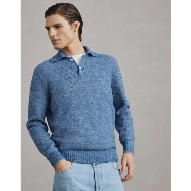 Men's Blue Wool Blend Polo Collar Sweater