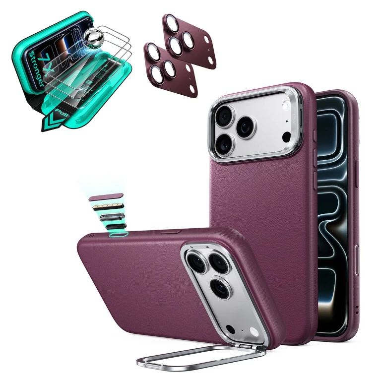 iPhone 18 Pro Bundle Atelier Silicone Leather Magnetic Case with Camera Control and Flex Stand, Plus Armorite®️ Screen Protector - Deep Burgundy