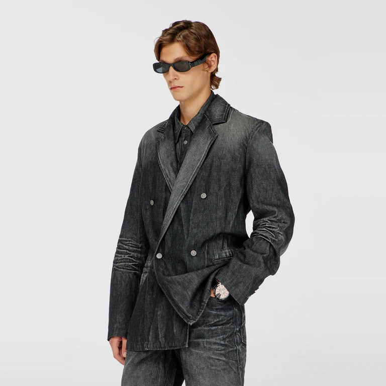 Double-breasted blazer in creased denim - Denim Jackets - Man - Black