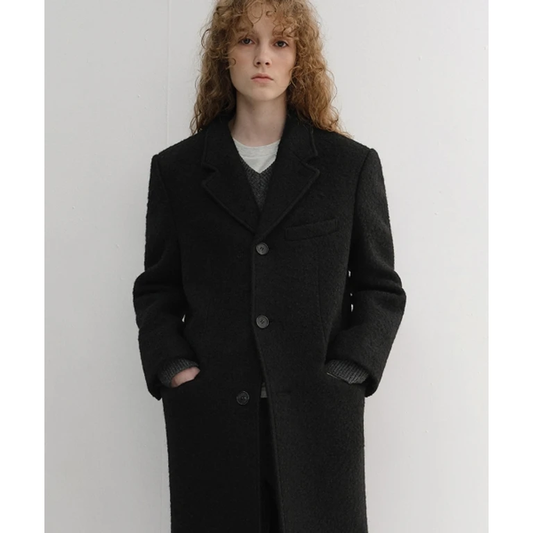 UNISEX 2-WAY 3 BUTTON BOUCLE WOOL COAT BLACK