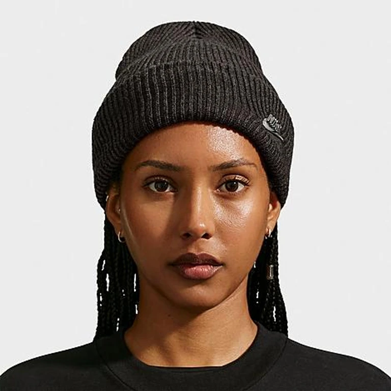 Nike Peak Tall-Cuff Metal Futura Beanie Hat in Black Heather/Metallic Silver