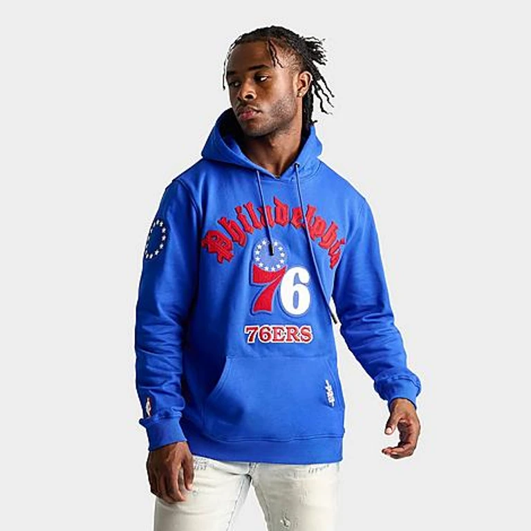 Pro Standard Men's Philadelphia 76ers NBA Old English Fleece Pullover Hoodie in Royal Blue Size: Small