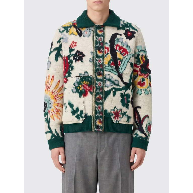 Polo-Style Wool Cardigan with Floral Embroidery and Patch Pocket (2604059M199)