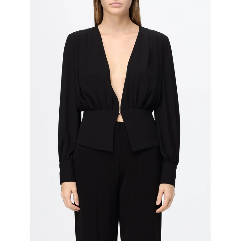Long-Sleeved Crêpe Evening Top with Deep V-Neck (HM32674758NERO)