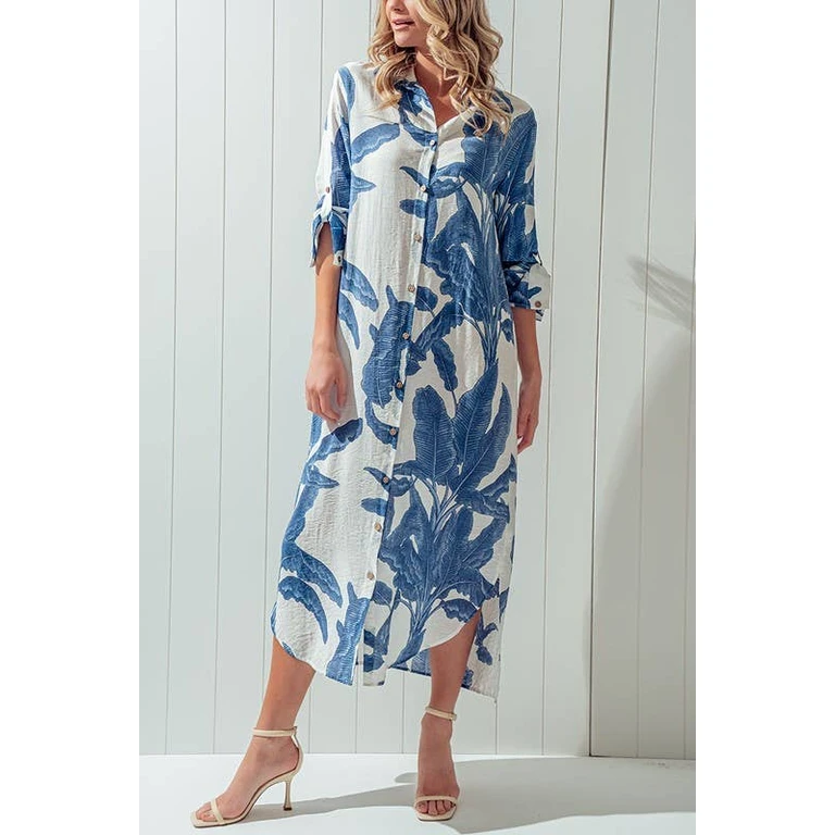 Tropical Palm Leaf Button-Down Midi Dress - Resort and Spring Collection