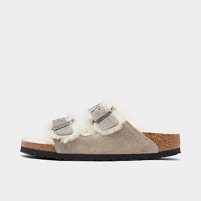 Women's Arizona Shearling Suede Leather Sandals in Stone Coin Size: 36
