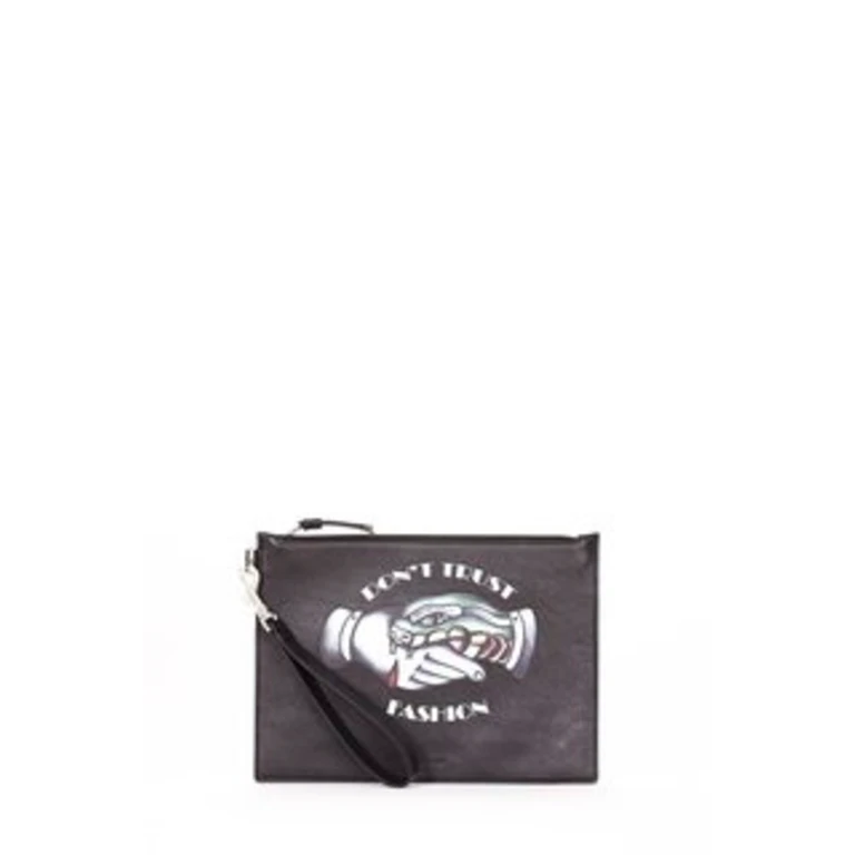 Black Logo Print Leather Wristlet Pouch