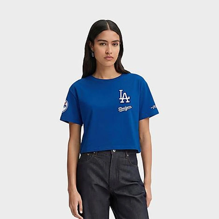 Pro Standard Women's Los Angeles Dodgers MLB Classic Chenille Single Jersey Boxy T-Shirt in Dodger Blue Size: XS