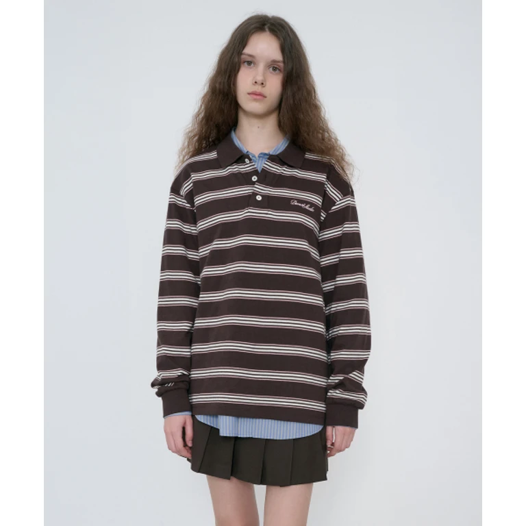 UNISEX MULTI STRIPE COLLARED T-SHIRT BROWN STRIPE