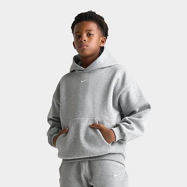 Big Kids Solo Swoosh Pullover Hoodie in Dark Grey Heather/Light Smoke Grey/White Size: Small