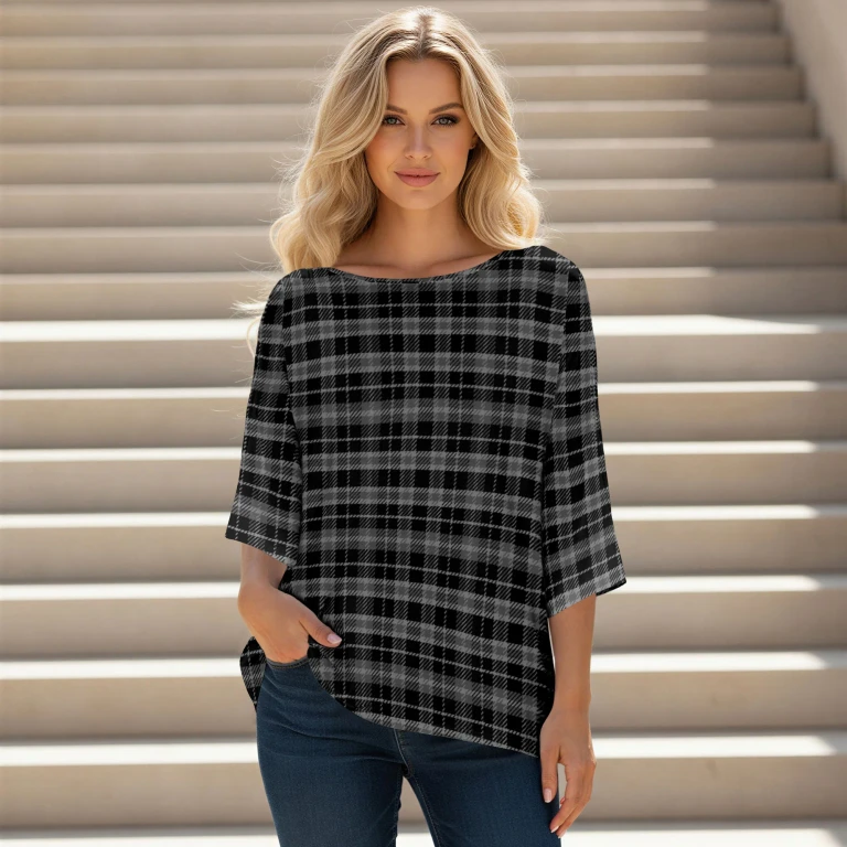Grey and Black Plaid Three Quarter Sleeve Tunic by Bon Apple Tea